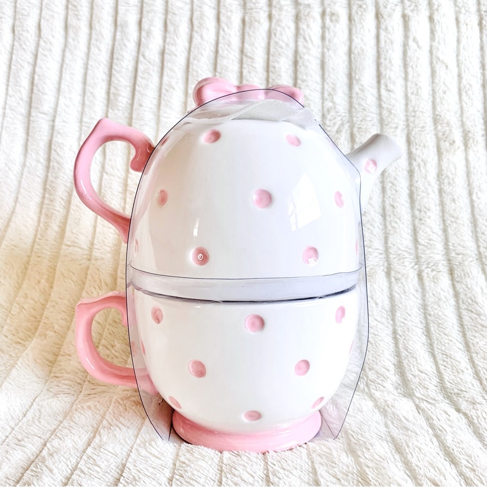 Lang by Design Group White & Pink Polka Dot Teapot and Cup Set.